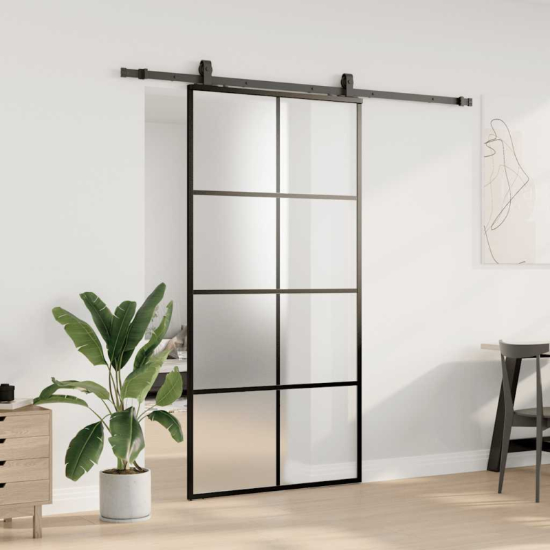 Schiebetür mit Beschlag Schwarz 102,5x205 cm ESG-Glas