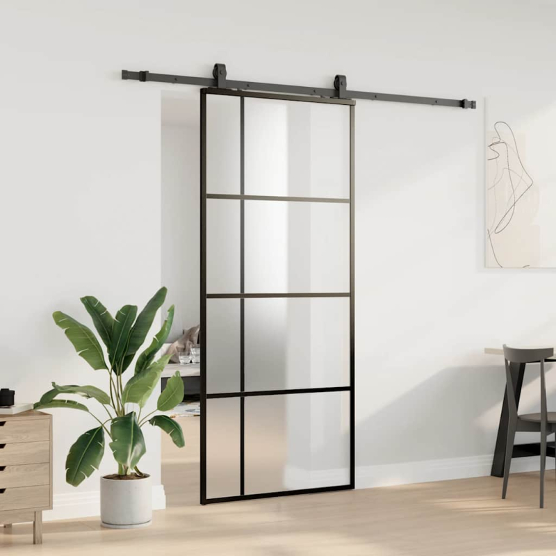 Schiebetür mit Beschlag Schwarz 90x205 cm ESG-Glas
