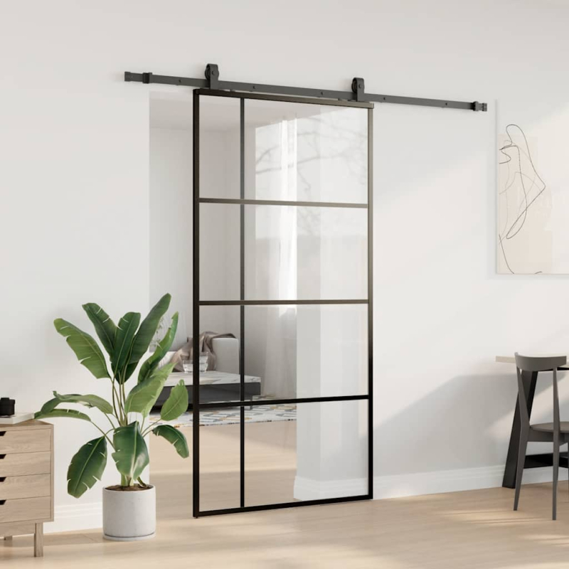 Schiebetür mit Beschlag Schwarz 102,5x205 cm ESG-Glas