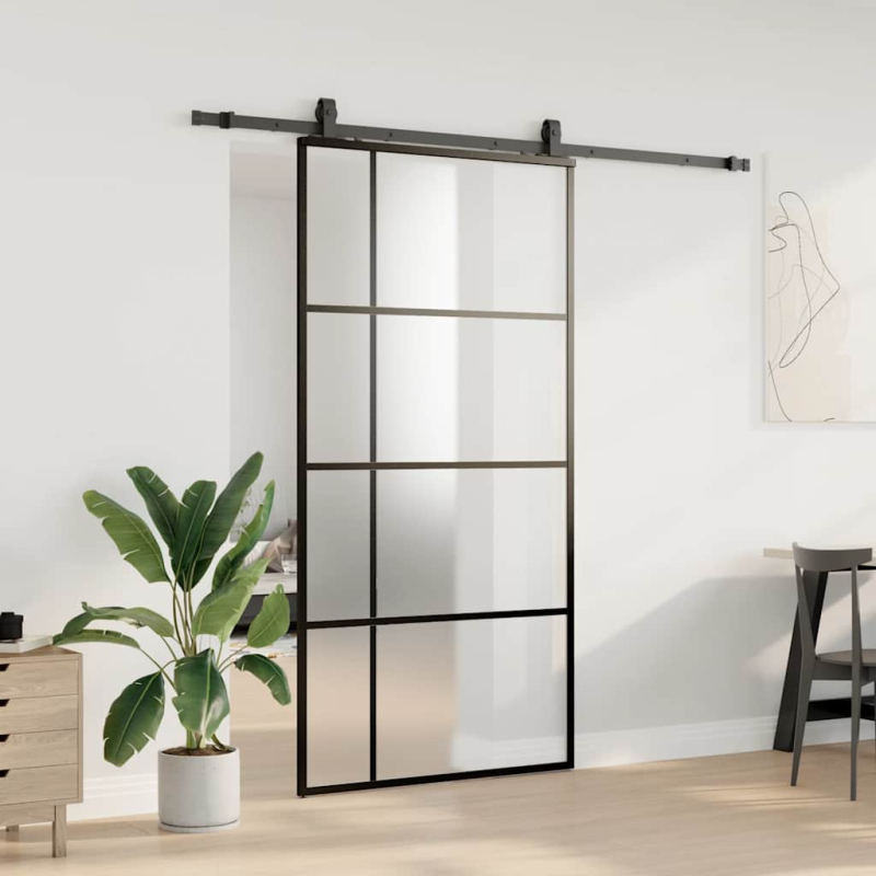Schiebetür mit Beschlag Schwarz 102,5x205 cm ESG-Glas