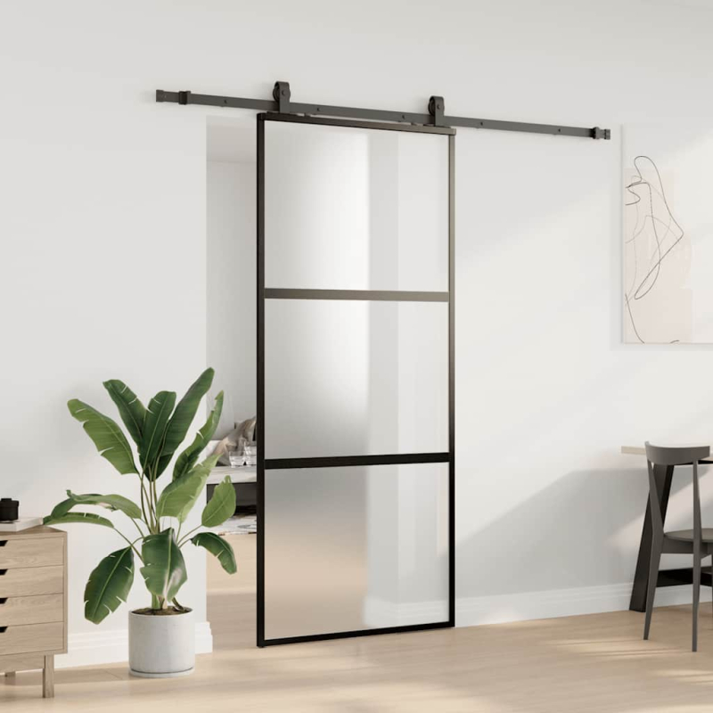 Schiebetür mit Beschlag Schwarz 90x205 cm Hartglas