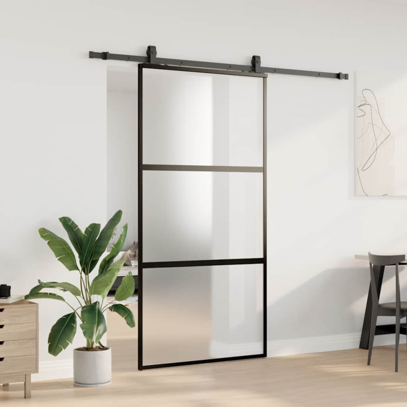 Schiebetür mit Beschlag Schwarz 102,5x205 cm Hartglas