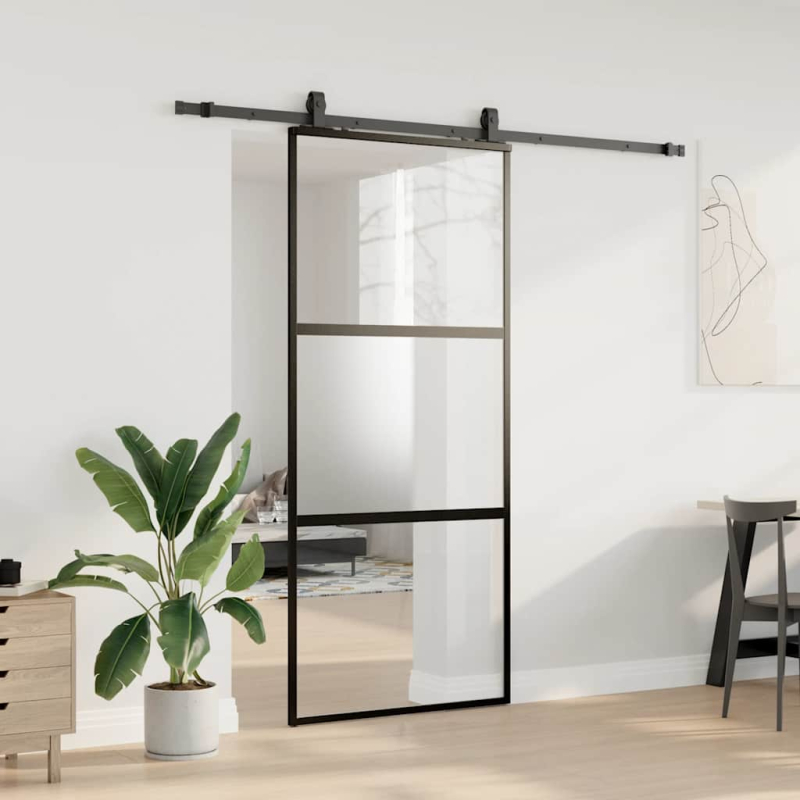 Schiebetür mit Beschlag Schwarz 90x205 cm Hartglas