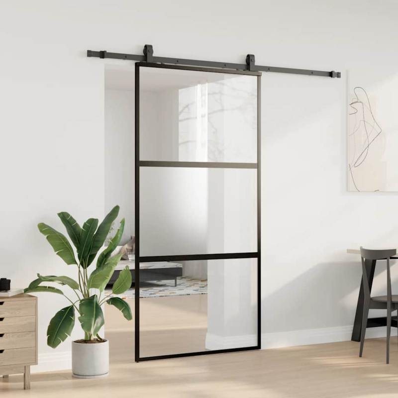 Schiebetür mit Beschlag Schwarz 102,5x205 cm Hartglas