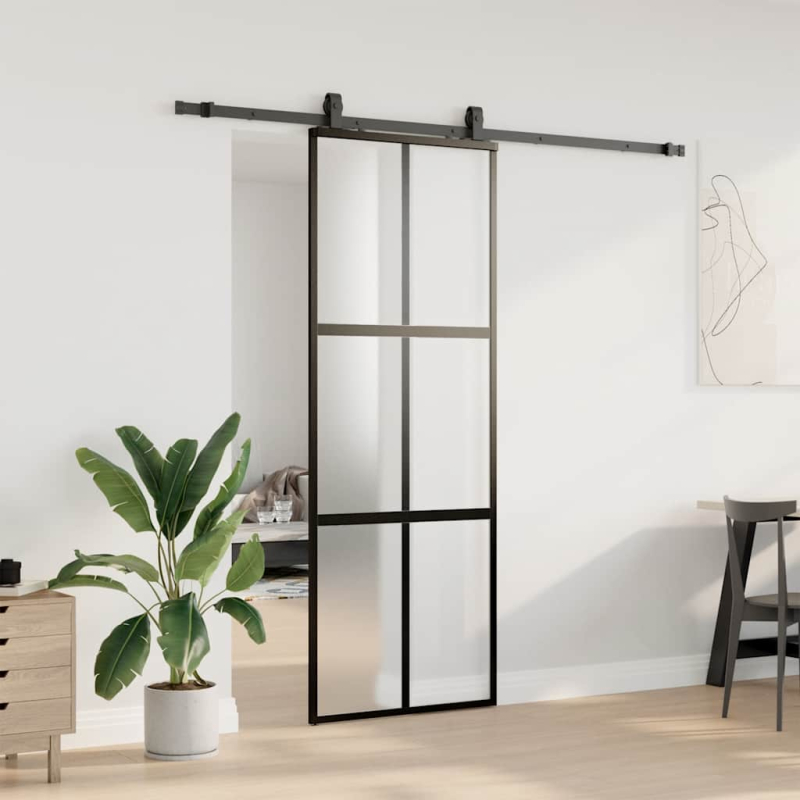 Schiebetür mit Beschlag Schwarz 76x205 cm Hartglas