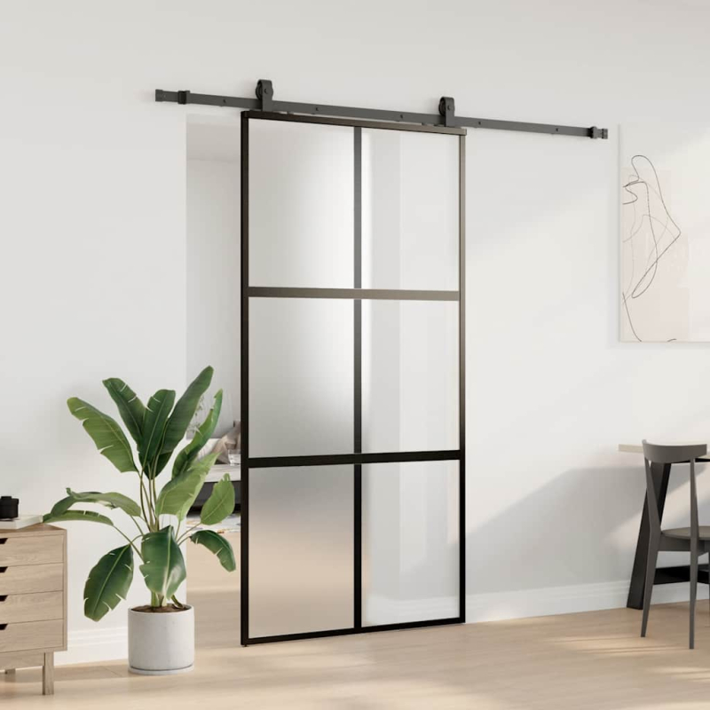Schiebetür mit Beschlag Schwarz 102,5x205 cm Hartglas