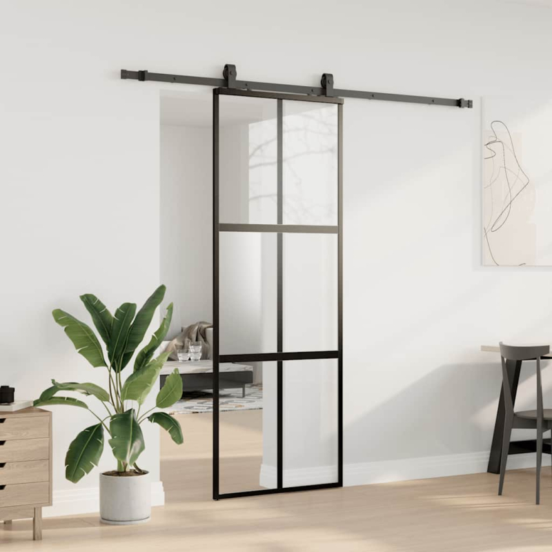 Schiebetür mit Beschlag Schwarz 76x205 cm Hartglas