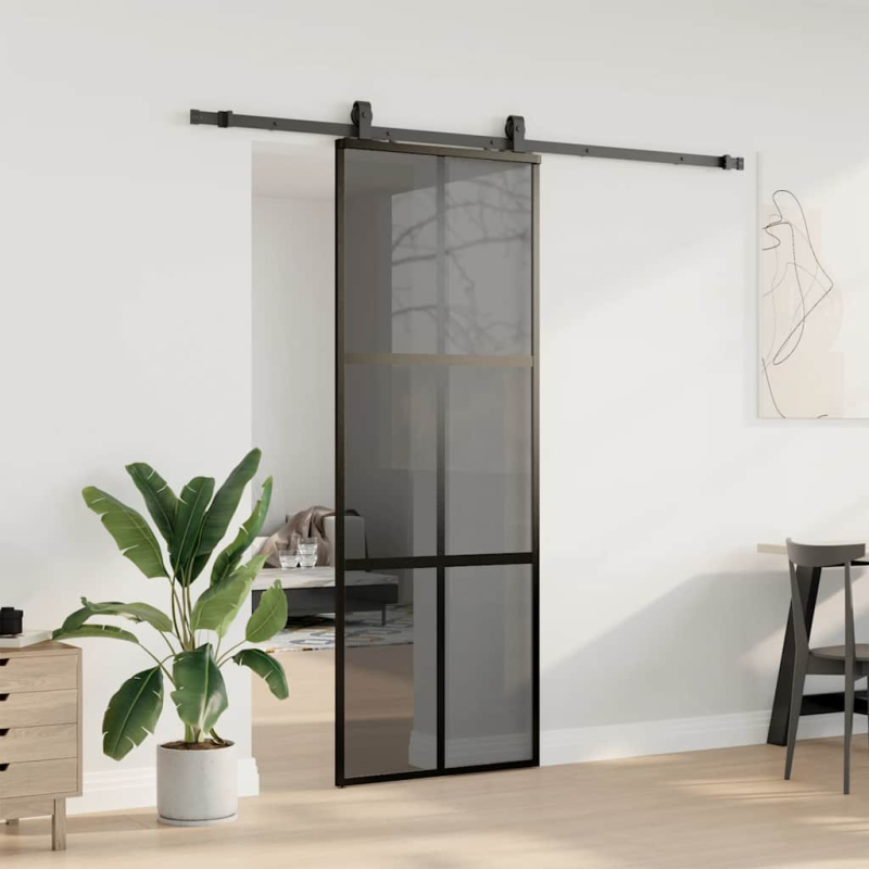 Schiebetür mit Beschlag Schwarz 76x205 cm Hartglas