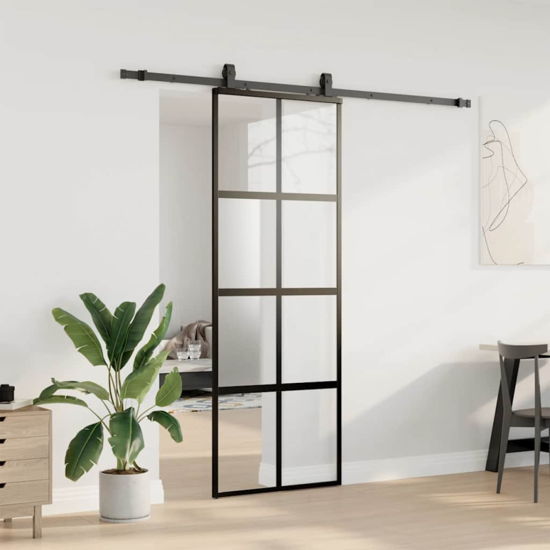 Schiebetür mit Beschlag Schwarz 76x205 cm Hartglas