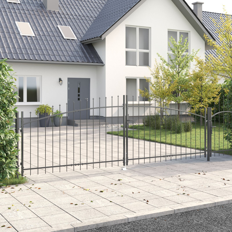 Gartentor mit Spitzdach Doppelschwing Grau 150x400 cm Stahl
