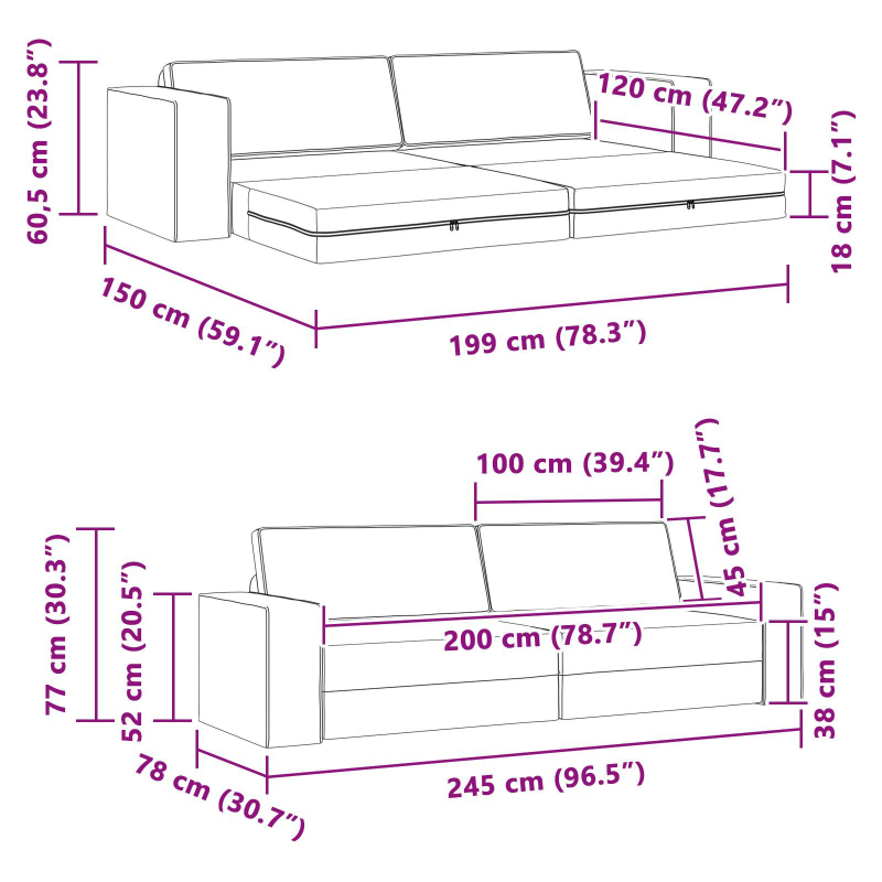 Boden Sofa Bett 2-in-1 Taupe 245x150x60.5 cm Stoff