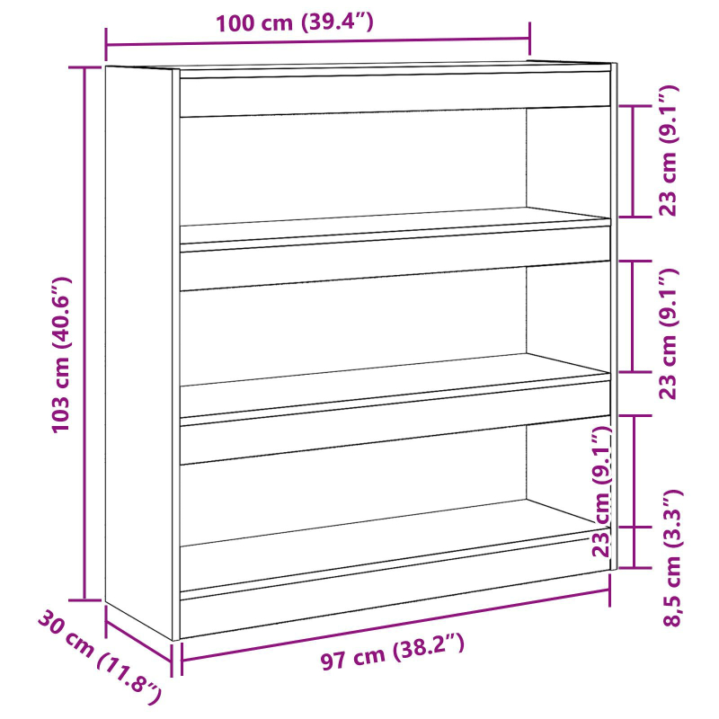Bücherregal/Raumteiler in handwerklicher Eiche - 100x30x103cm, aus Holzwerkstoff