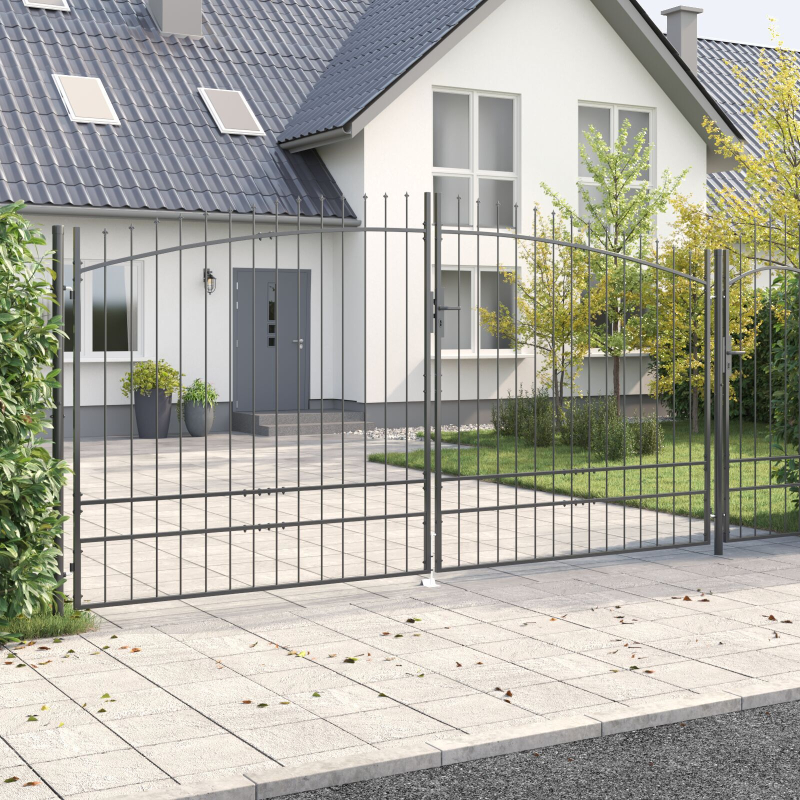 Gartentor mit Spear Top Doppelschwing Grau 200x400 cm Stahl