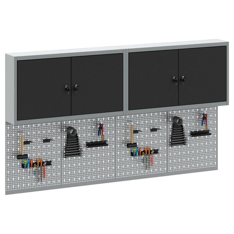 6-teiliges Werkzeugschrank- und Lochplatten-Set wandmontierbar, schwarzes Metall