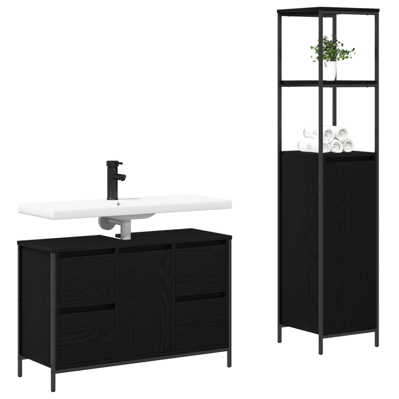 2-teiliges Badezimmermöbel-Set in Schwarz und Eichenholzlook
