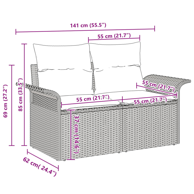 11-teiliges Garten Sofa Set mit Kissen Beige Poly Rattan Akazie
