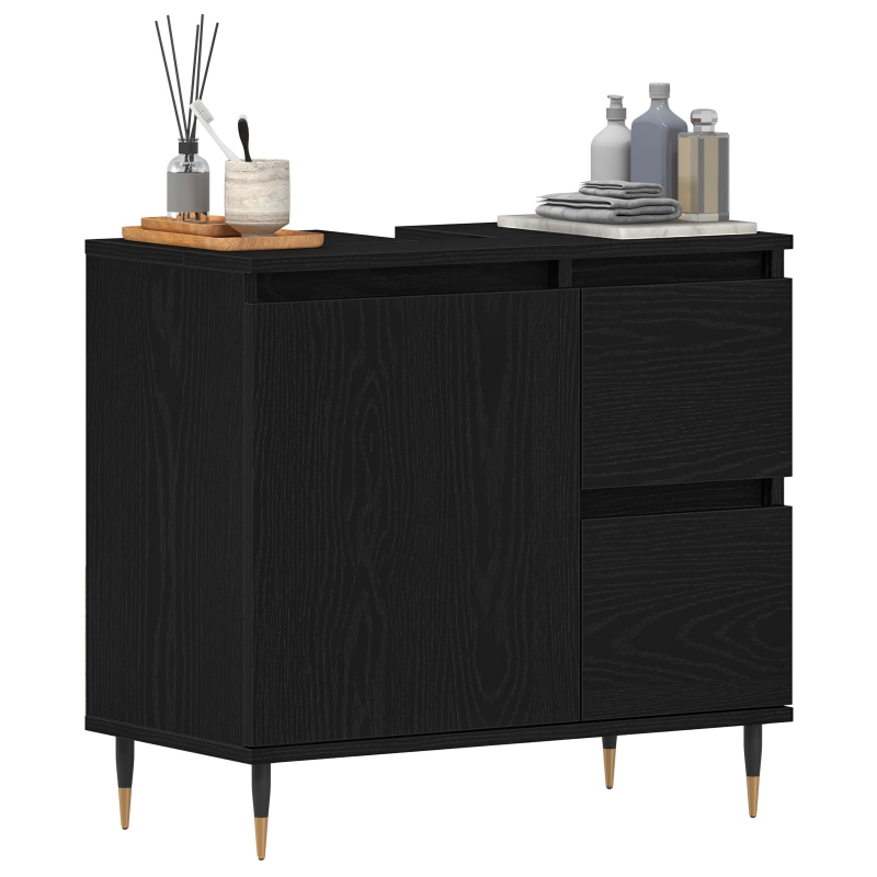 Badezimmer Waschbecken Schrank Schwarz Eiche 65x33x60 cm Engineered Wood