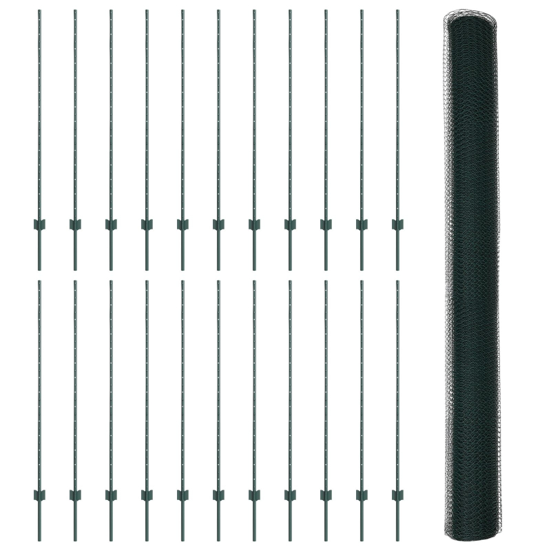 Zaunpfosten 11 Stk U-Kanal Grün 140 cm Stahl, Sechseckzaun Grün 1,4x50 m Stahl