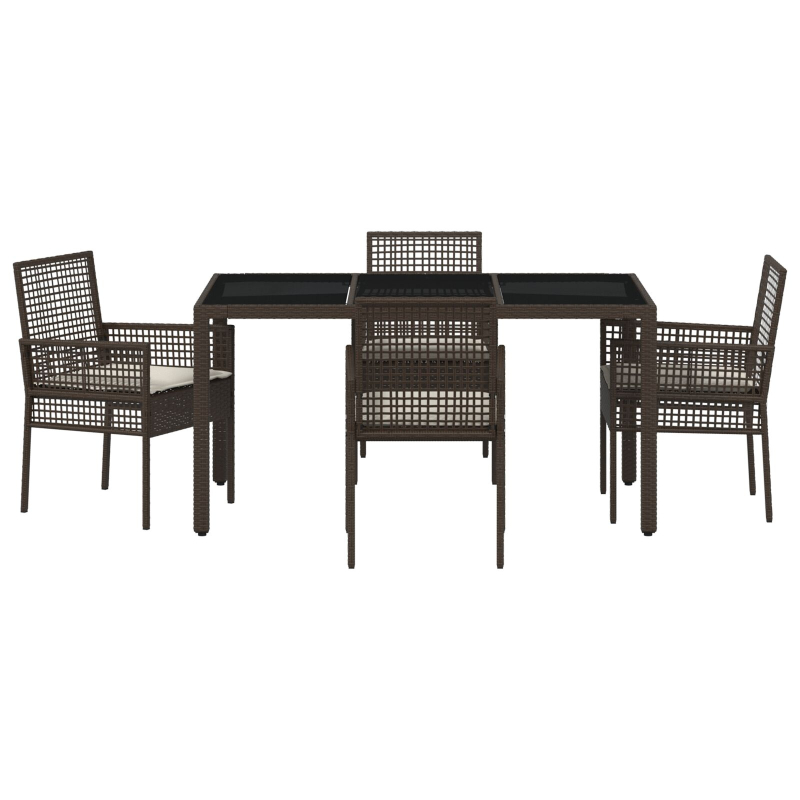 5-teiliges Garten-Ess-Set mit Kissen Braun Poly Rattan