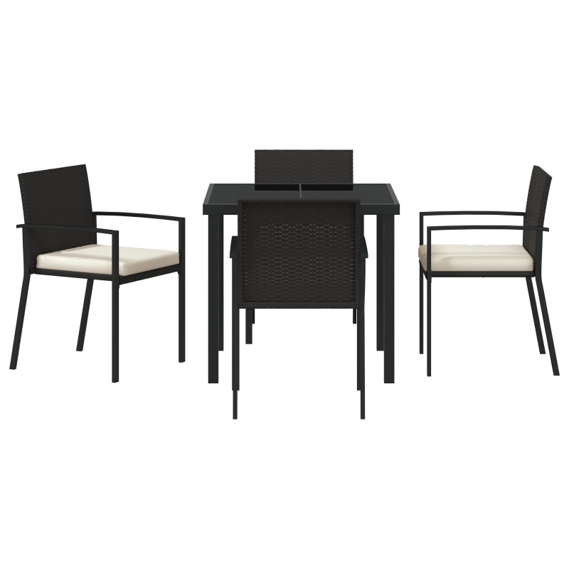 5-teiliges Garten-Esstischset aus schwarzem Poly-Rattan