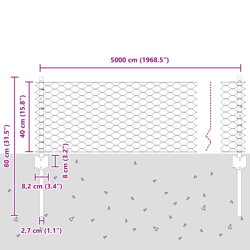 Zaunpfosten 11 Stück U-Kanal Grau 40 cm Stahl, Sechseckzaun Grau 0,4x50 m Stahl