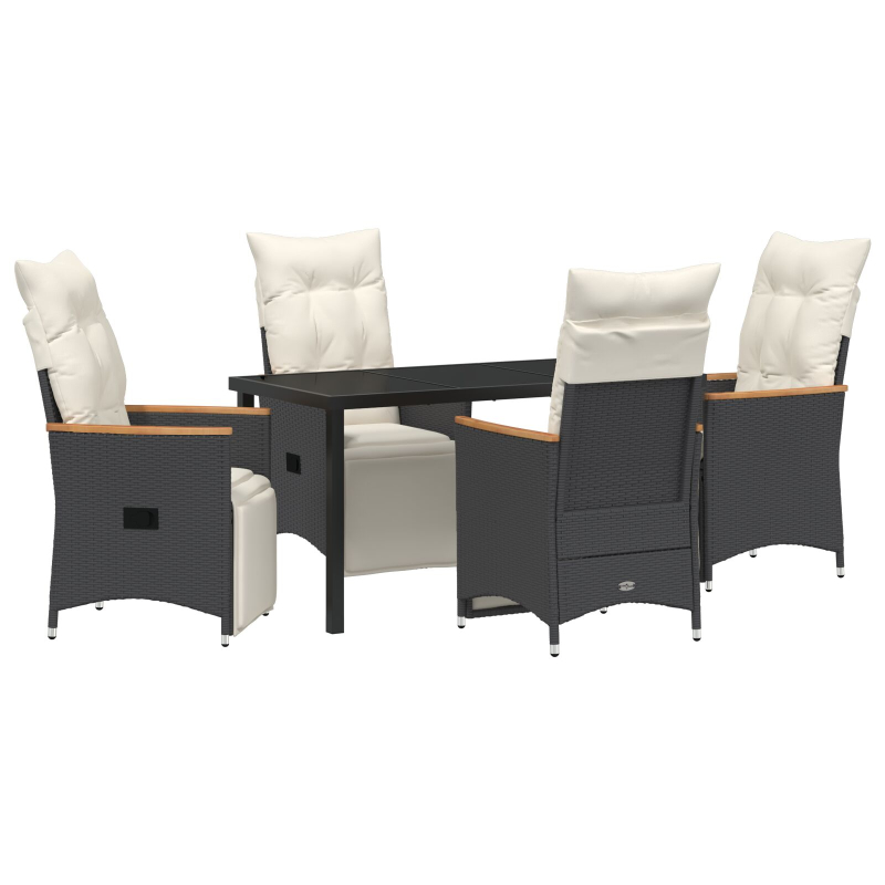 5-teiliges Garten-Dining-Set mit Kissen Schwarzes Poly Rattan