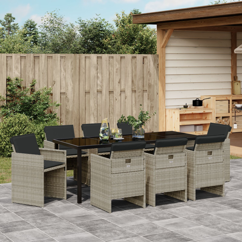 9-teiliges Garten Esstisch Set mit Kissen in Hellgrau aus Poly Rattan