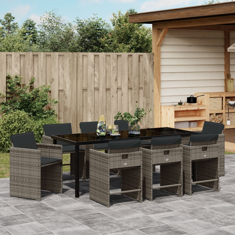 9-teiliges Garten-Ess-Set mit Kissen Grau Poly-Rattan