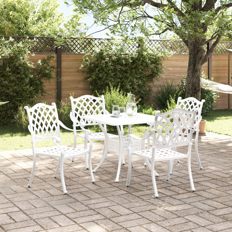 5-teiliges Garten-Esszimmer-Set aus weißem Guss-Aluminium