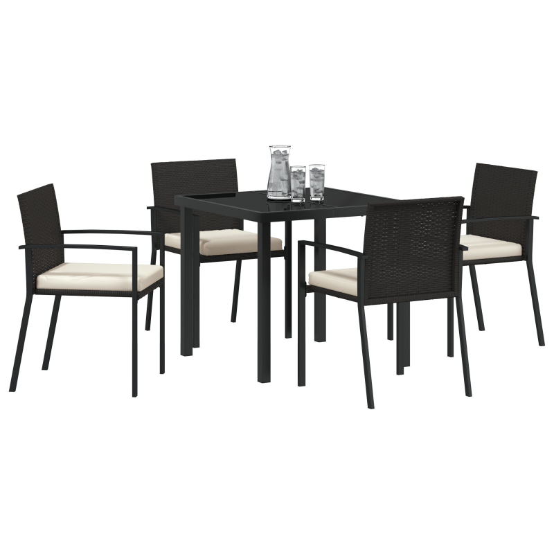 5-teiliges Garten-Esstischset aus schwarzem Poly-Rattan