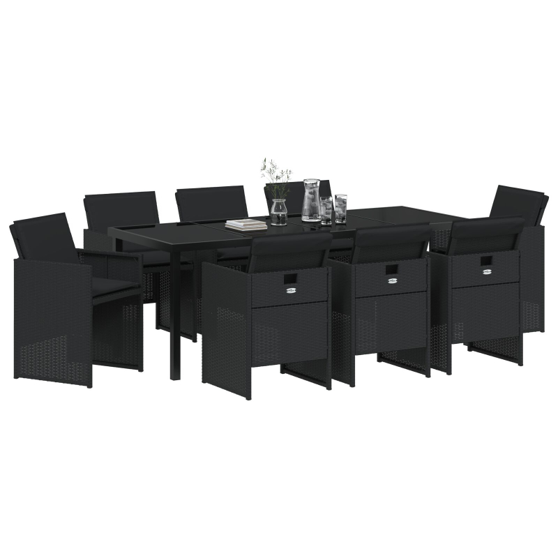 9-teilige Garten Essgruppe mit Kissen - Schwarzes Poly-Rattan
