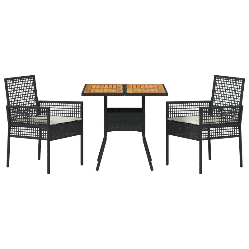 3-teiliges Garten-Essset mit Kissen Schwarz Poly Rattan