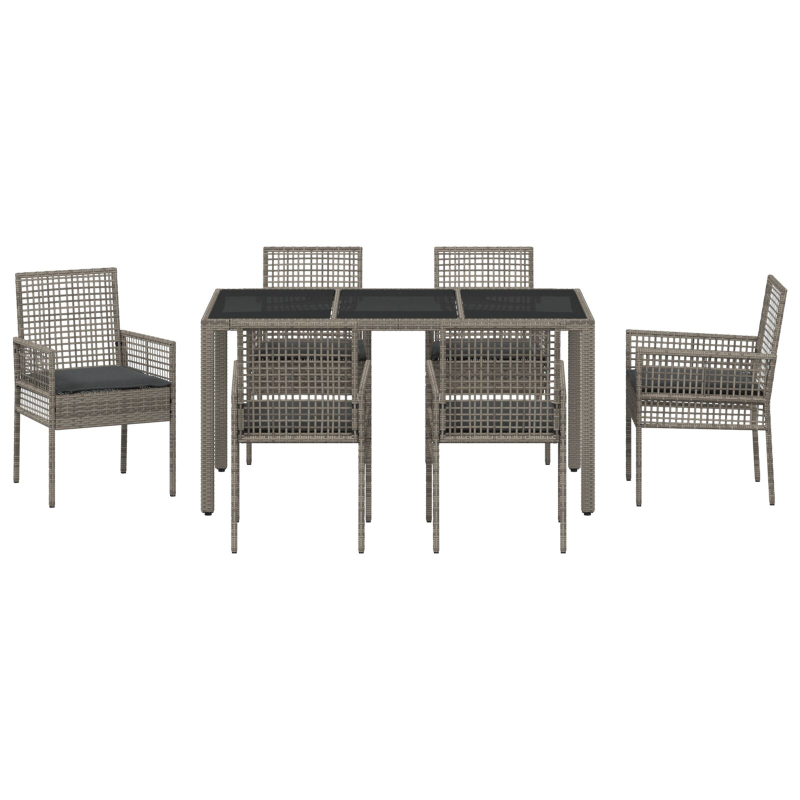 7-teilige Garten-Essgruppe mit Kissen Grau Poly Rattan
