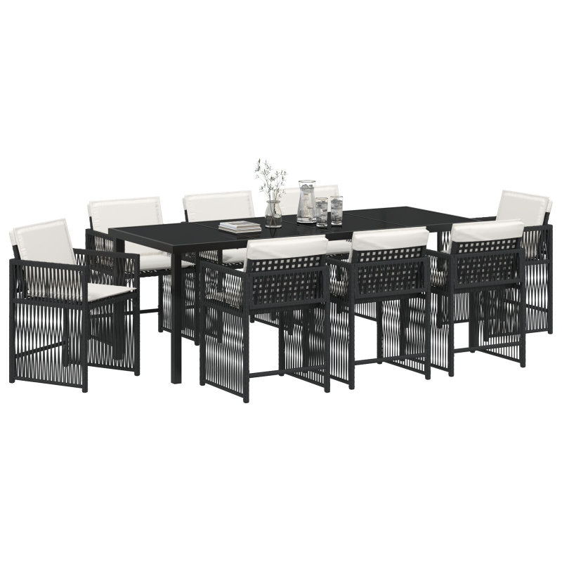 9-teiliges Garten Esszimmer Set mit Kissen in Schwarz aus Poly Rattan