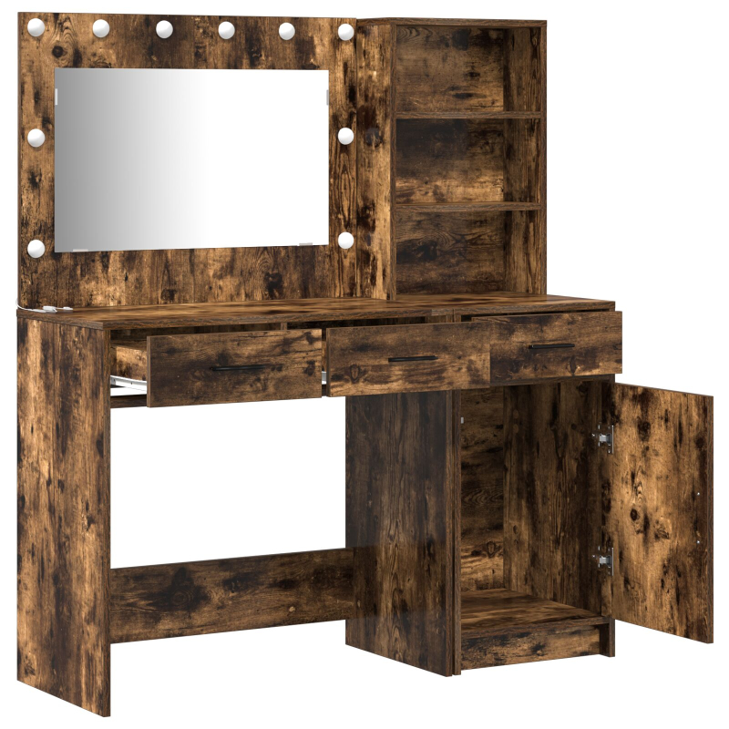 2-teiliges Schminktisch-Set mit LED in Raucheiche und Holzwerkstoff