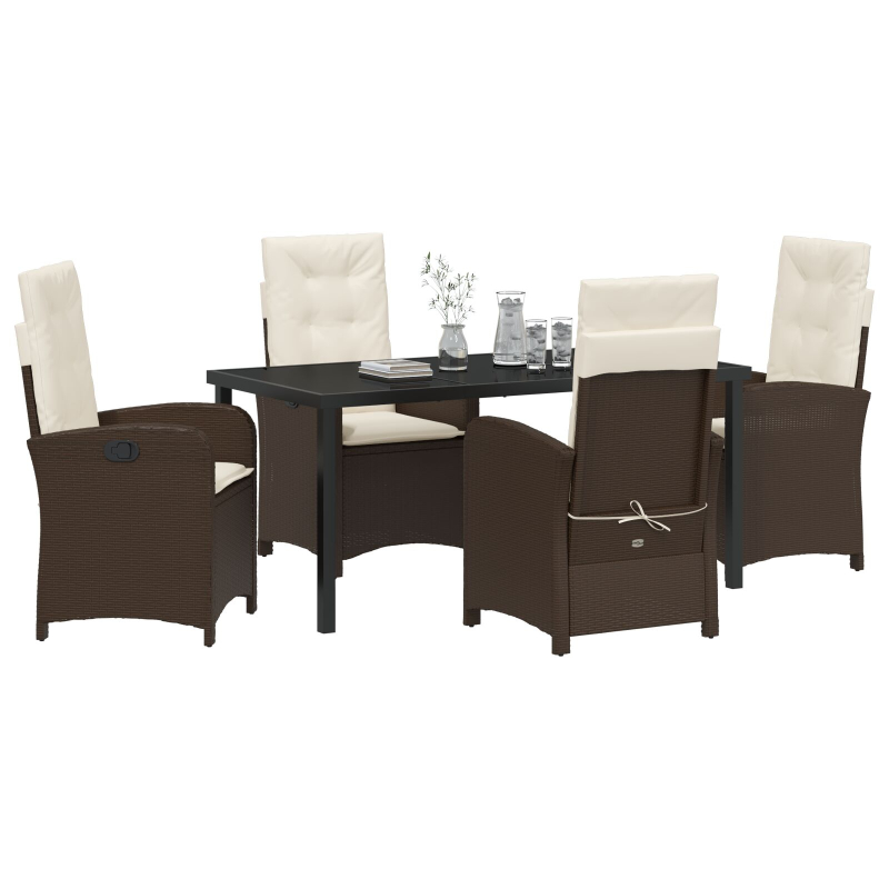 5-teiliges Garten-Ess-Set mit Kissen in Braun aus Poly-Rattan