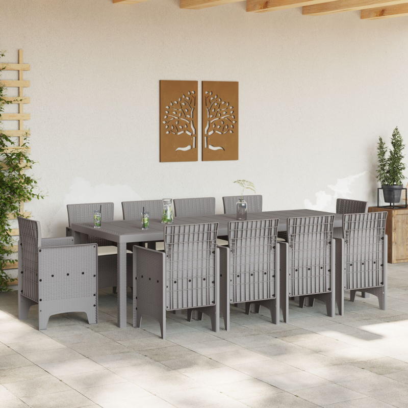 11-teiliges Garten-Esszimmer-Set mit Kissen - Hellgraues Poly-Rattan