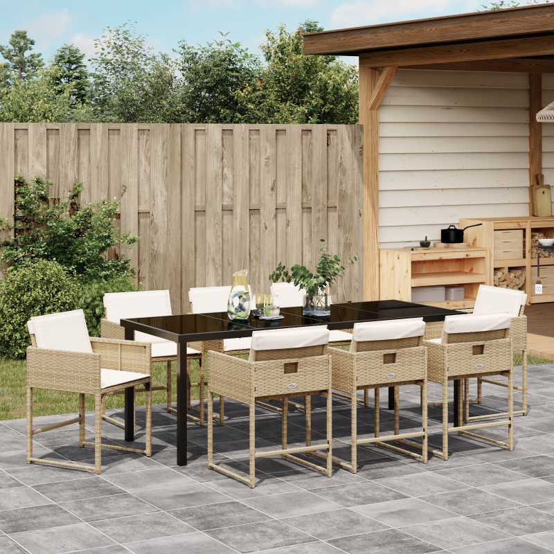 9-teiliges Garten-Essset mit Kissen Beige Poly Rattan