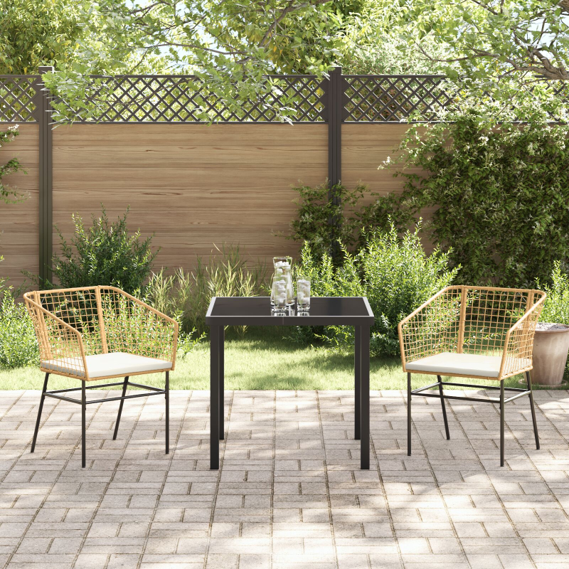 3-teiliges Garten-Essset mit Kissen Braun Poly-Rattan
