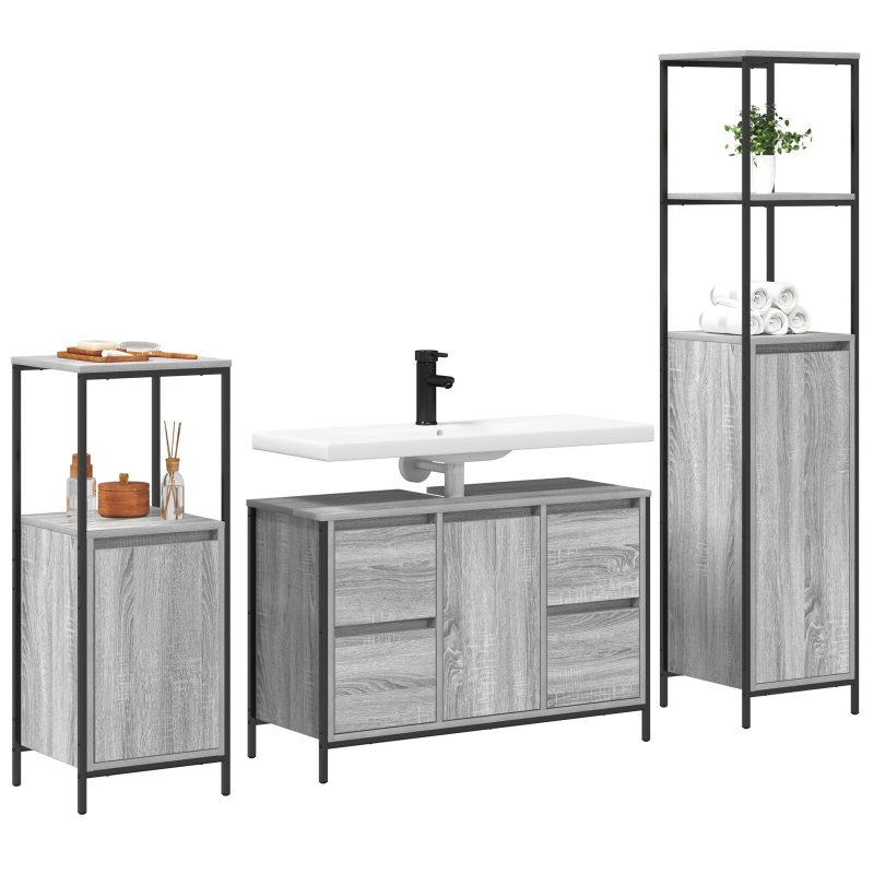 3-teiliges Badezimmermöbel-Set aus grauem Sonoma Holzwerkstoff