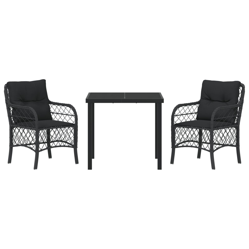 3-teiliges Garten-Ess-Set mit Kissen Schwarz Poly-Rattan