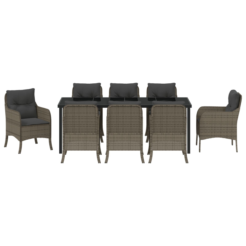 9-teiliges Garten-Esszimmer-Set mit Kissen Grau Poly Rattan