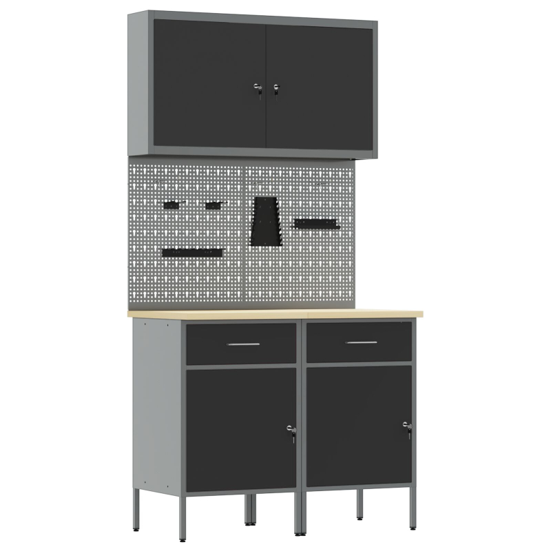 5-teiliges Arbeitszimmerschrank- und Lochplatten-Set Schwarz MDF und Metall