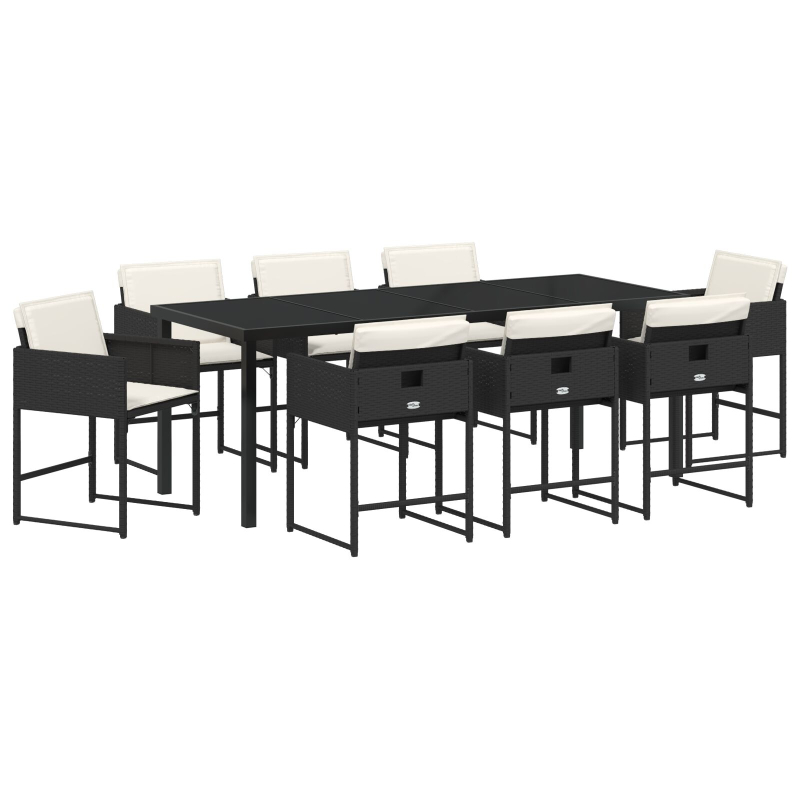 9-teiliges Garten-Essset mit Kissen - Schwarzes Poly-Rattan