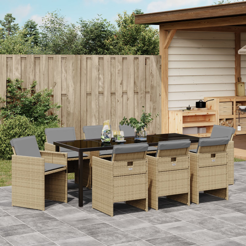 9-teilige Garten Essgruppe mit Kissen Beiges Poly-Rattan