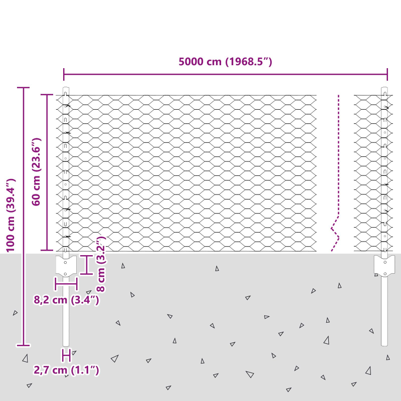Zaunpfosten 11 Stück U-Kanal Grau 60 cm Stahl, Sechseckzaun Grau 0,6x50 m Stahl
