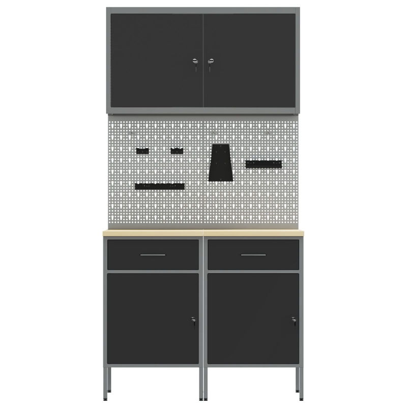 5-teiliges Arbeitszimmerschrank- und Lochplatten-Set Schwarz MDF und Metall