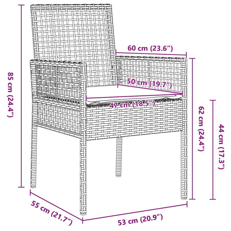 3-teiliges Garten-Essset mit Kissen Schwarz Poly Rattan