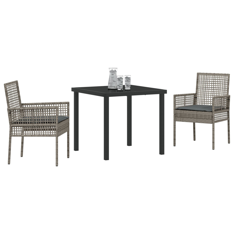 3-teiliges Garten Essset mit Kissen Grau Poly Rattan