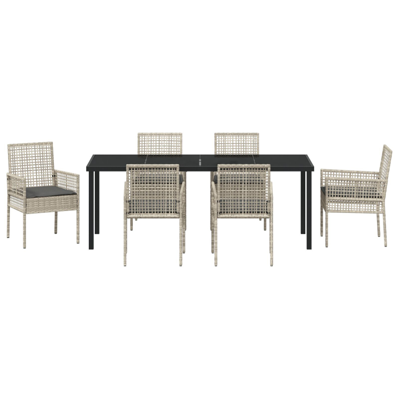 7-teiliges Garten Esstisch Set mit Kissen Hellgrau Poly Rattan